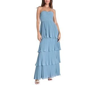 Lulus Long Formal Dress S Blue Tiered Pleated Flowy Wedding Party Cruise NEW